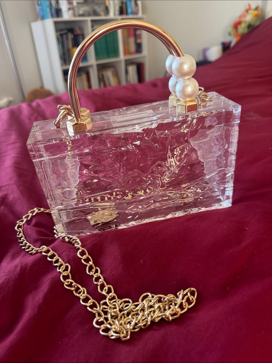 Handbags - Clear Acrylic Box Bag with Gold Handle and Pearl Accent